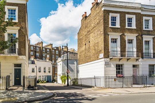 View of the historic brick townhouses on Warwick Way in the Westminster area of London, England, United Kingdom.