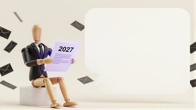 Wooden figure in suit holds 2027 document, surrounded by flying envelopes.