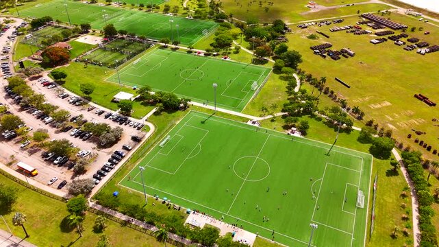 Aerial static clip soccer fields in Miami Florida USA