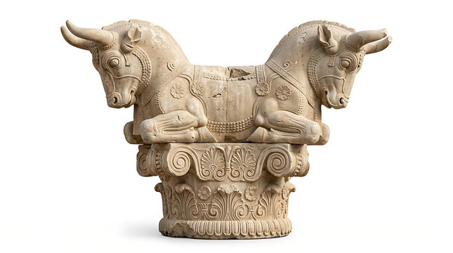 Ancient Persian Double Bull Capital Sculpture from Persepolis Isolated on White Background