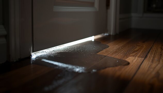 Household water leak creating a puddle on hardwood floor