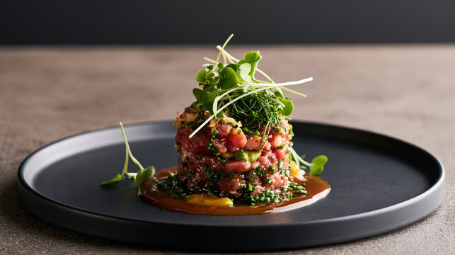 Elegant Steak Tartare Stack in Sauce on Dark Ceramic Dish