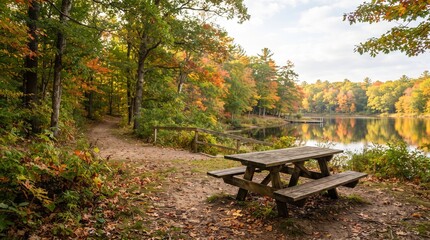 Wooden picnic table in a scenic autumn forest landscape by a calm lake shore © GAM