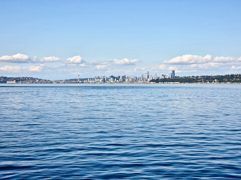 Seattle skyline and Space Needle viewed across Elliott Bay, Washington