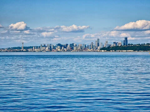 Seattle skyline and Space Needle viewed across Elliott Bay, Washington