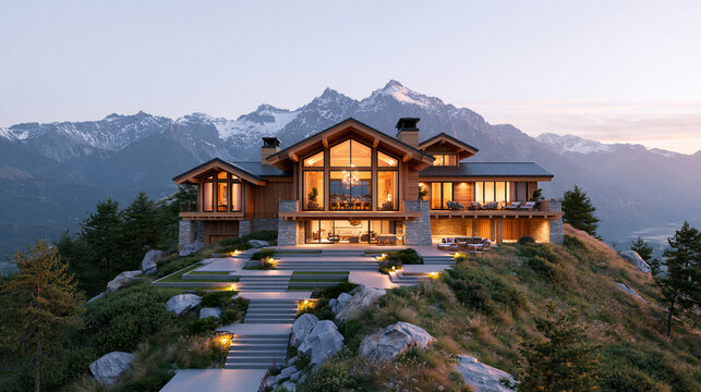 Modern Timber Lodge on Rocky Hillside at Evening