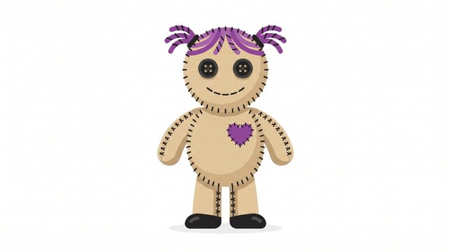 Cartoon Voodoo Rag Doll Vector with Purple Hair and Stitched Mouth