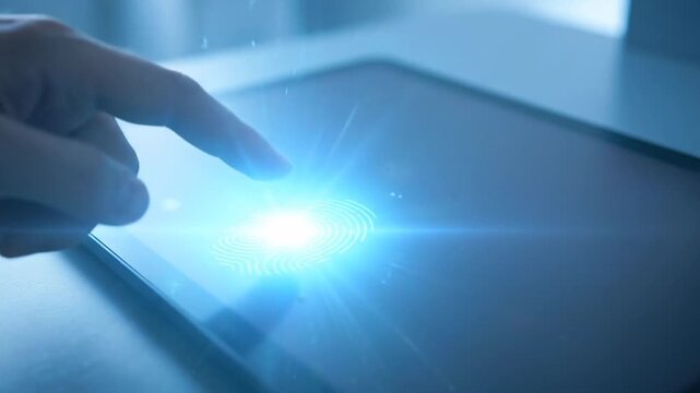 Finger touch fingerprint scanner on digital identity tablet for secure security authentication access on touchscreen technology