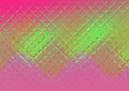 Abstract geometric background with a vibrant gradient of pink and lime green, featuring a repeating diamond and chevron pattern with a metallic texture