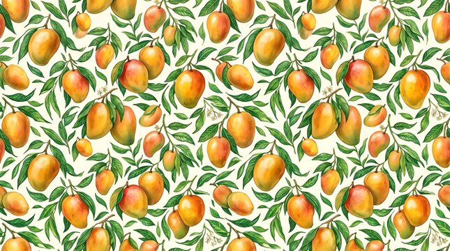 Seamless pattern with ripe mango fruits and green leaves on a light background, watercolor style