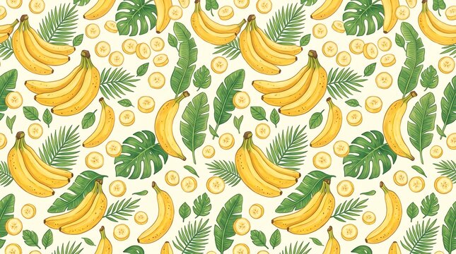 Seamless pattern with yellow bananas and tropical palm leaves, hand drawn watercolor illustration