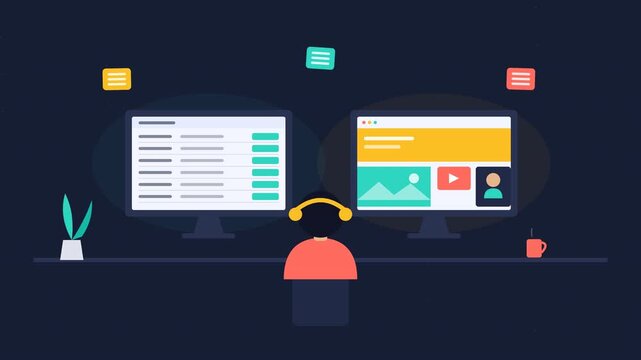 Dual monitor desk with sticky notes followed by track analyze collaborate icons for business workflow productivity