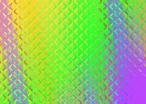 Abstract holographic background with a geometric diamond pattern in vibrant gradient colors of yellow, green, and purple