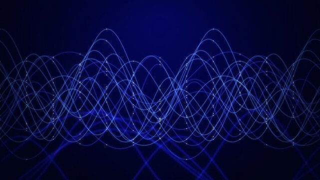 Glowing white nodes flow along overlapping sound wave lines