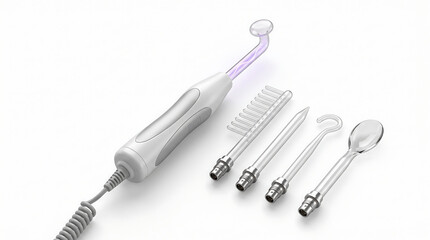 Fototapeta premium Sleek white high-frequency cosmetic facial device displayed with four glass treatment electrodes, designed for spa-level skin rejuvenation and acne care, on a white backdrop.