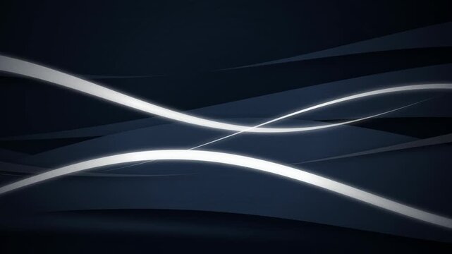 Glowing white ribbon bands curve across dark layered wave shapes