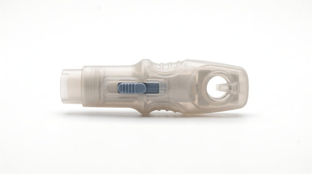  Close-up of a sterile disposable medical scalpel cartridge or dermaplaning blade module with a blue slider mechanism, perfectly isolated on a white background