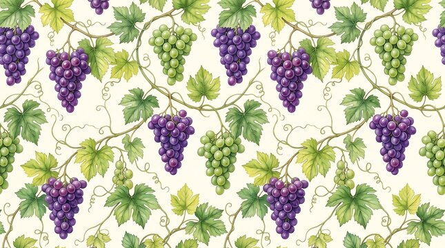 Seamless pattern with watercolor red and green grape clusters and leaves on a white background