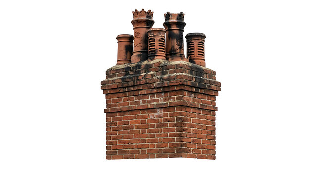 A traditional old red brick chimney stack with multiple decorative terracotta pots isolated
