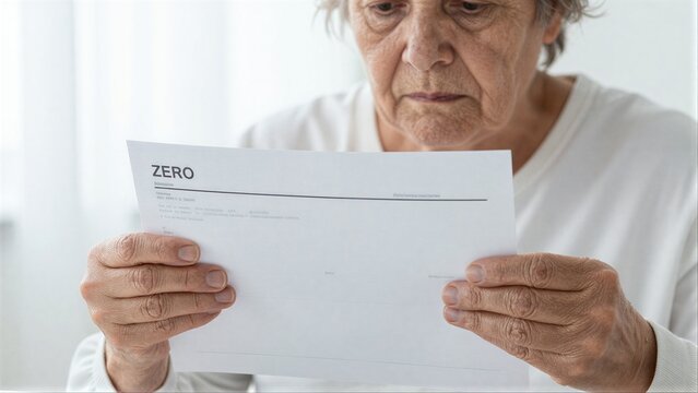 Elderly woman holds a document labeled 'ZERO ZENO', appearing concerned or confused.