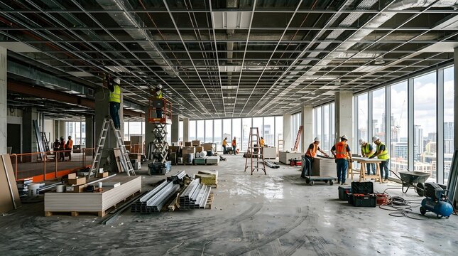 Interior construction site of modern office space with workers and tools construction interior renovation building industry planning
