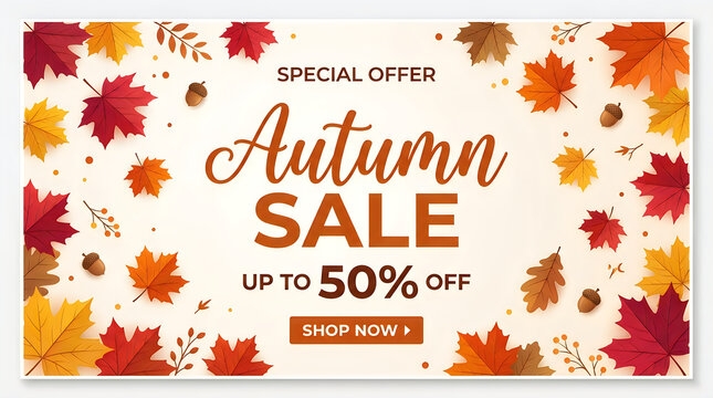 Autumn sale banner with colorful leaves and discount offer