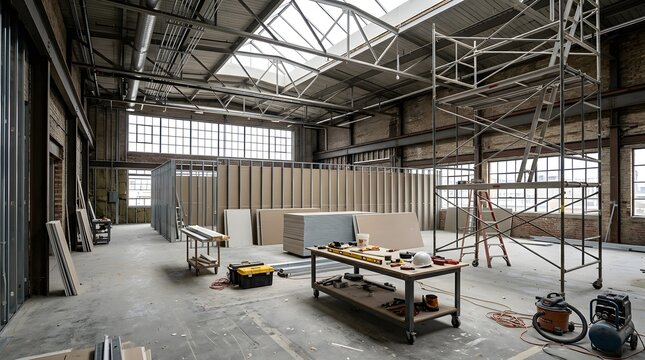 Interior view of industrial warehouse under renovation and construction with construction renovation warehouse industrial interior