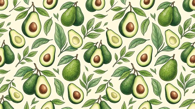 Seamless pattern with watercolor avocado fruits and green leaves on a white background design