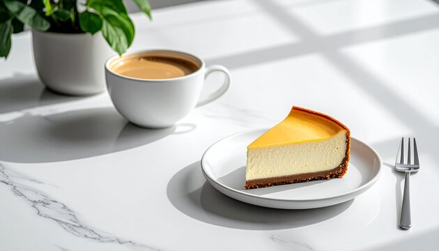 Cheesecake Slice with Coffee on Bright Sunlit Marble Table