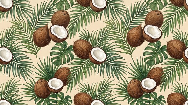 Seamless pattern with hand drawn coconuts and tropical palm leaves on a light beige background