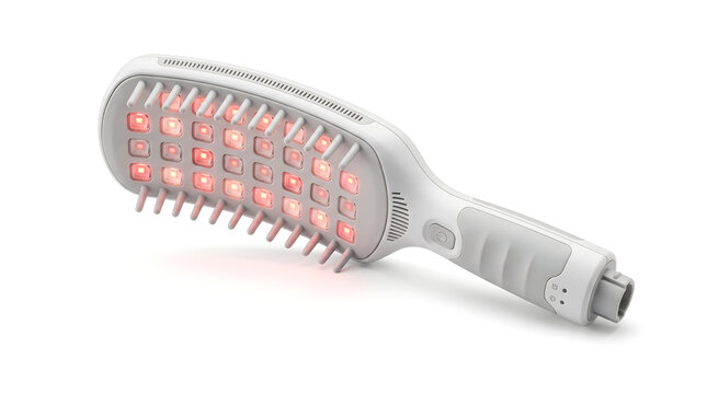 Professional handheld red light LED phototherapy comb for targeted scalp stimulation and advanced hair care treatments. Modern aesthetic wellness device isolated on a crisp white background.
