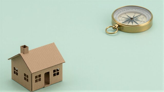 Cardboard house and compass on light green background, symbolizing direction in home ownership.