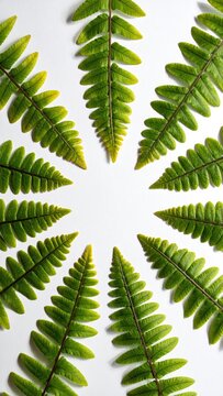 Fresh green fern fronds arranged in a radial pattern on a white background