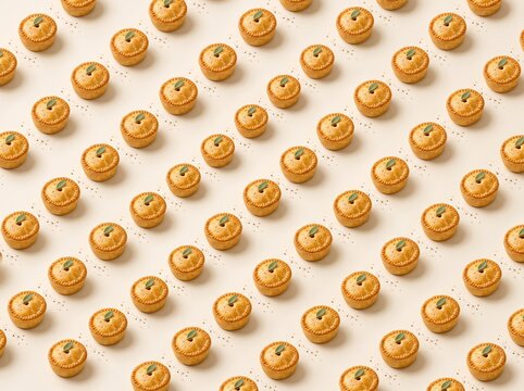 Small savory pies with sage leaves pattern on light background food art.