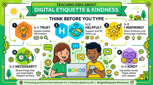 Educational Digital Etiquette and Kindness Infographic for Kids Online Behavior Safety