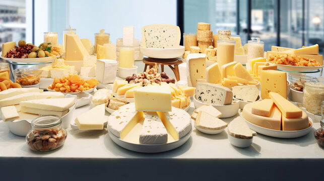 An Array of Artisanal Cheeses: A delightful spread of various artisanal cheeses, nuts, and dried fruits presented on a long table.