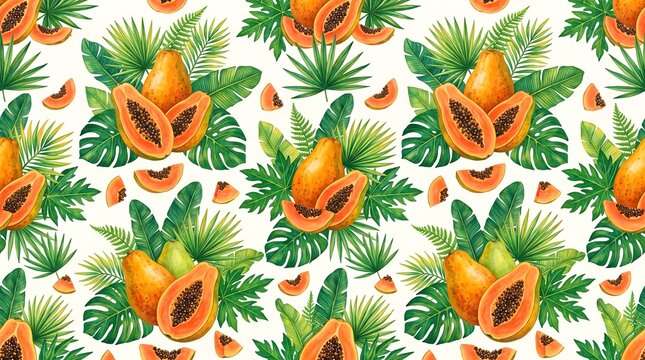 Seamless pattern with hand drawn papaya fruits and tropical leaves on a white background design