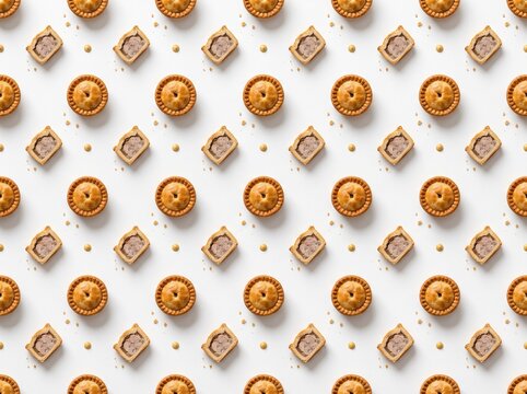 Seamless pattern of mini pies and sausage rolls on white background.
