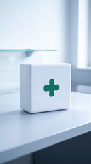 Obraz premium Occupational health safety medical first aid kit emergency medicine supply white box green cross hospital clinic table indoor
