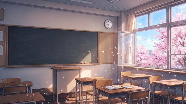 桜舞う春の教室（アニメ風イラスト素材）