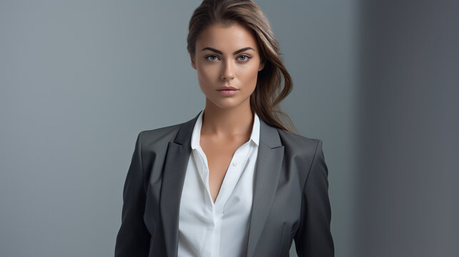 Confident Professional Woman: A poised and confident woman in a sharp gray suit and crisp white shirt, with a determined gaze, embodies professional elegance and ambition.