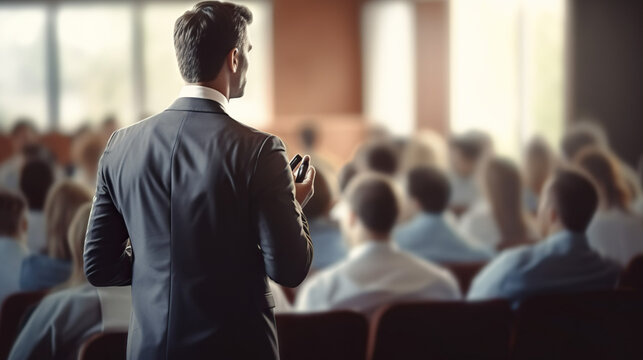 Inspiring Presentation: A distinguished speaker, seen from behind in a sharp suit, addresses an attentive audience during a conference.