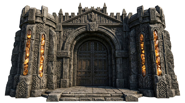Ancient stone fortress gate with glowing crystals and intricate carvings on white background