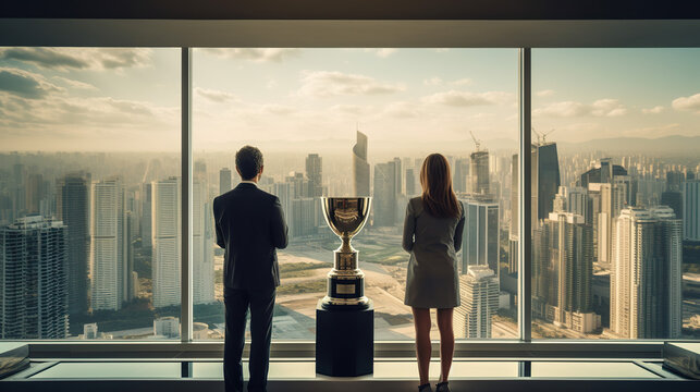 Business Triumph: A man and woman in business attire stand looking out at a cityscape, with a trophy on display, symbolizing achievement and future success.