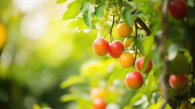 Vibrant ripe cherry plums hang delicately from a lush green branch under the warm glowing sunlight of a summer afternoon in a peaceful orchard setting filled with soft natural bokeh.