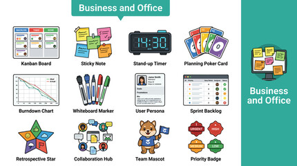 Fototapeta premium Agile project management and business office icons set