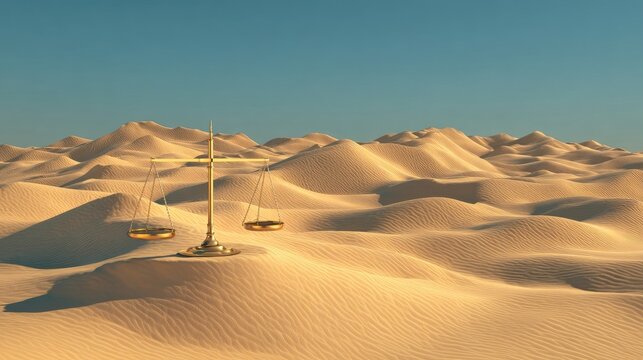 Golden scales of justice in a vast desert landscape
