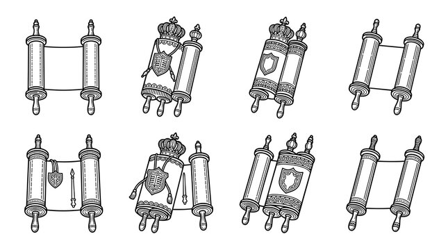 Traditional torah scrolls with ceremonial crowns and mantles