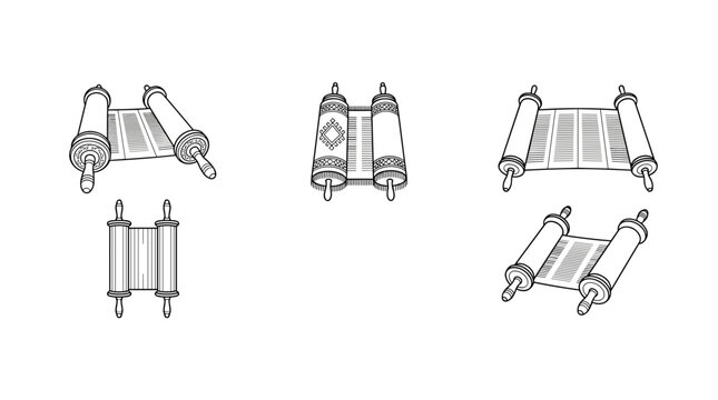 Jewish torah scroll icons in line art style