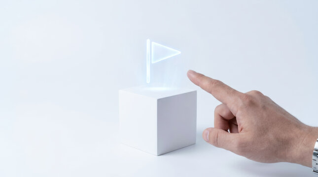 Key performance indicator KPI concept with hand pointing at glowing flag icon on white cube futuristic minimal style